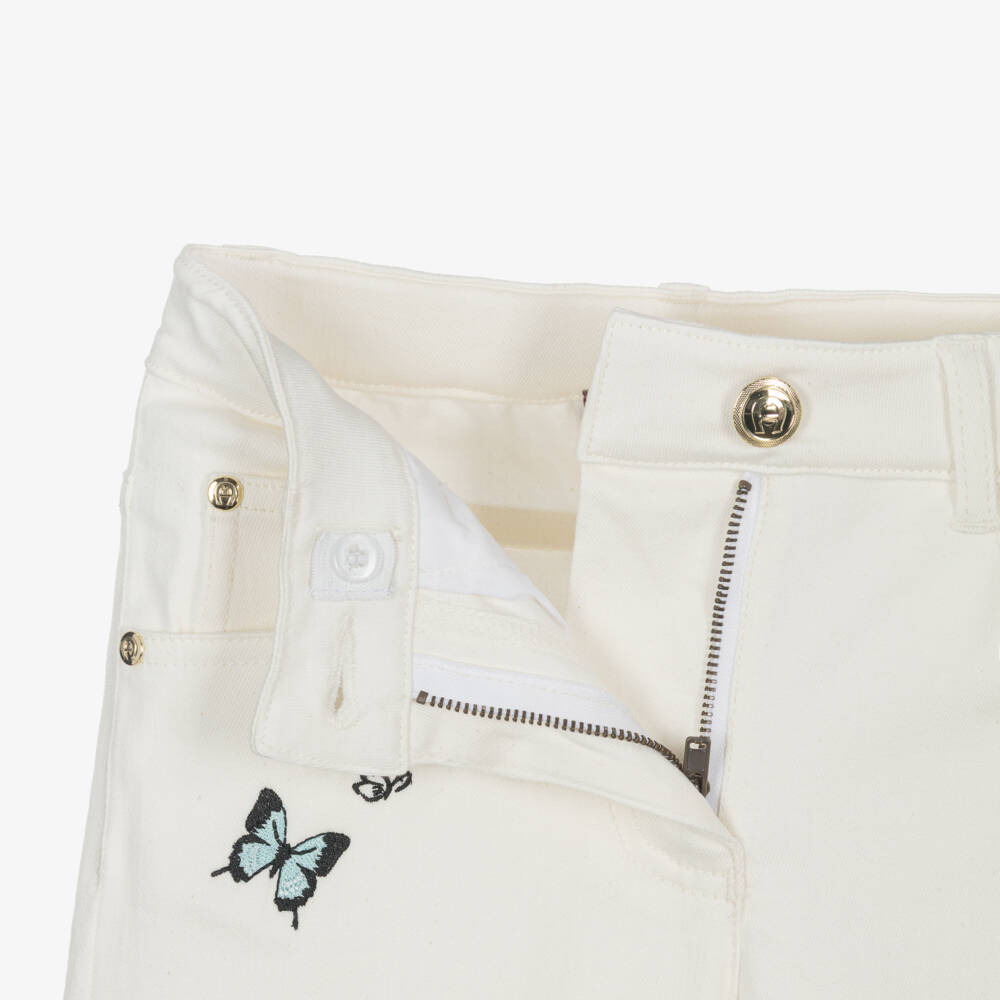 AIGNER-Girls White Denim Jeans with Embroidered Butterflies | Childrensalon