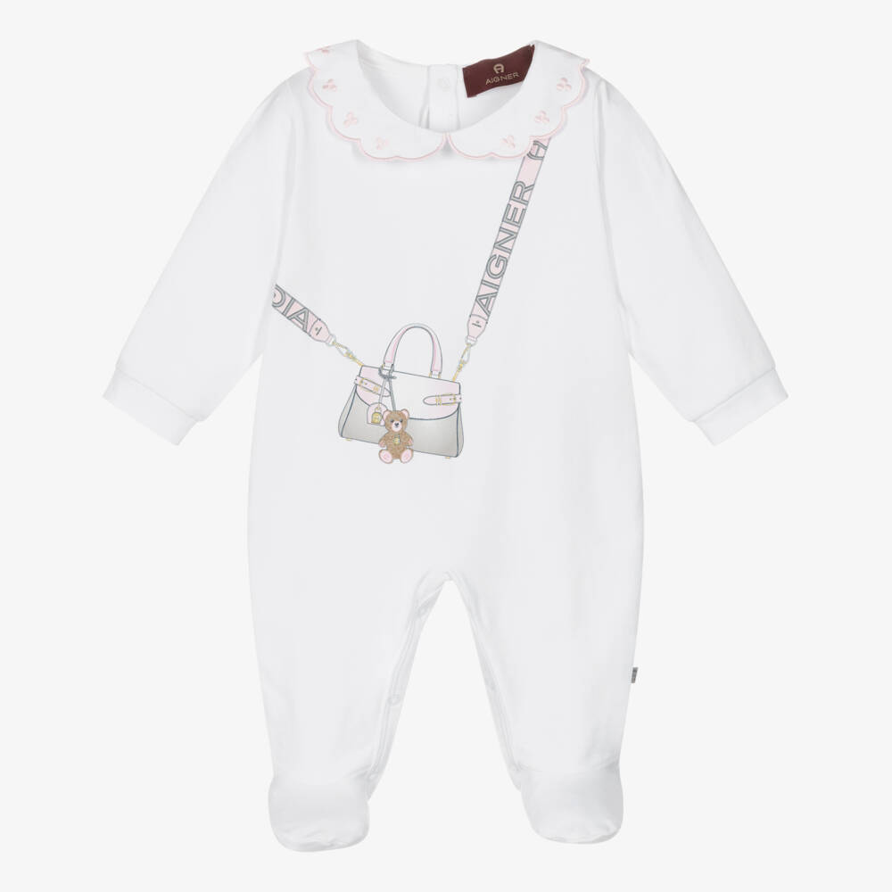 AIGNER-Girls White Pima Cotton Handbag Print Babygrow  | Childrensalon