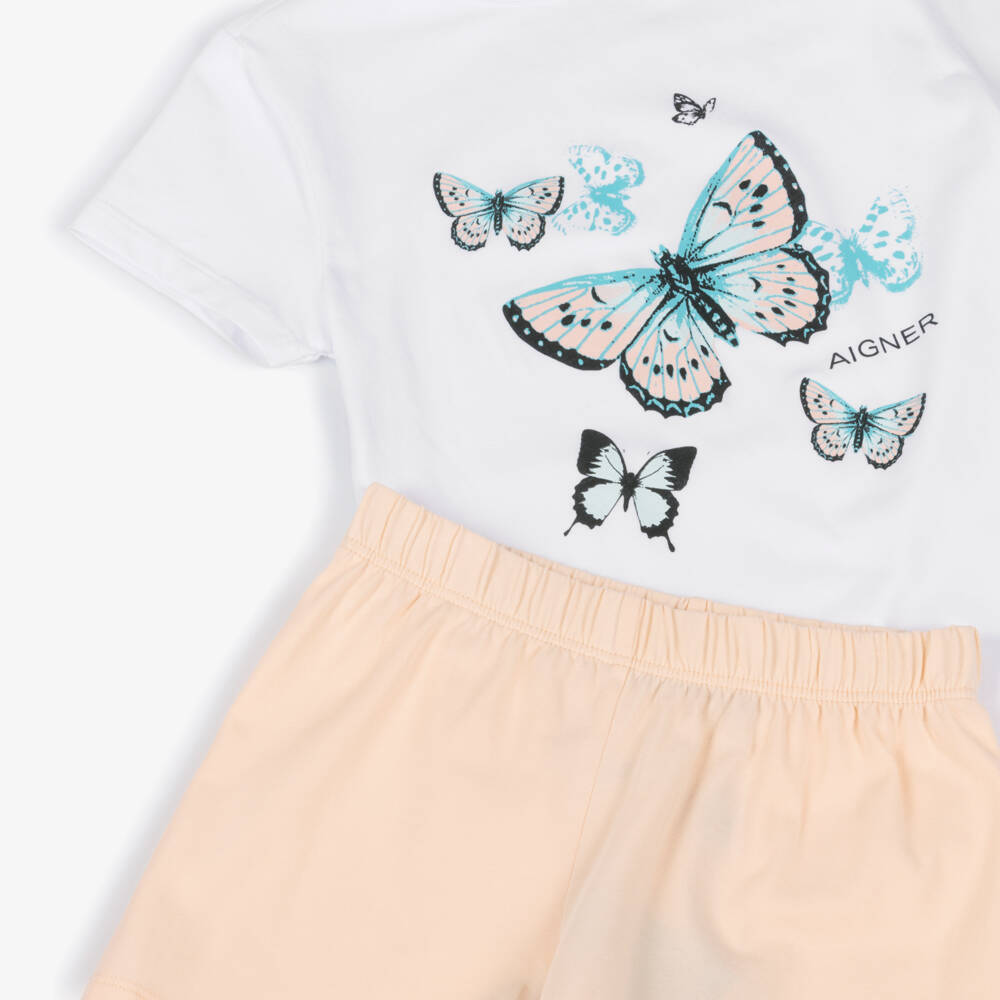 AIGNER-Girls White & Pink Butterfly Print Cotton Short Pyjamas | Childrensalon