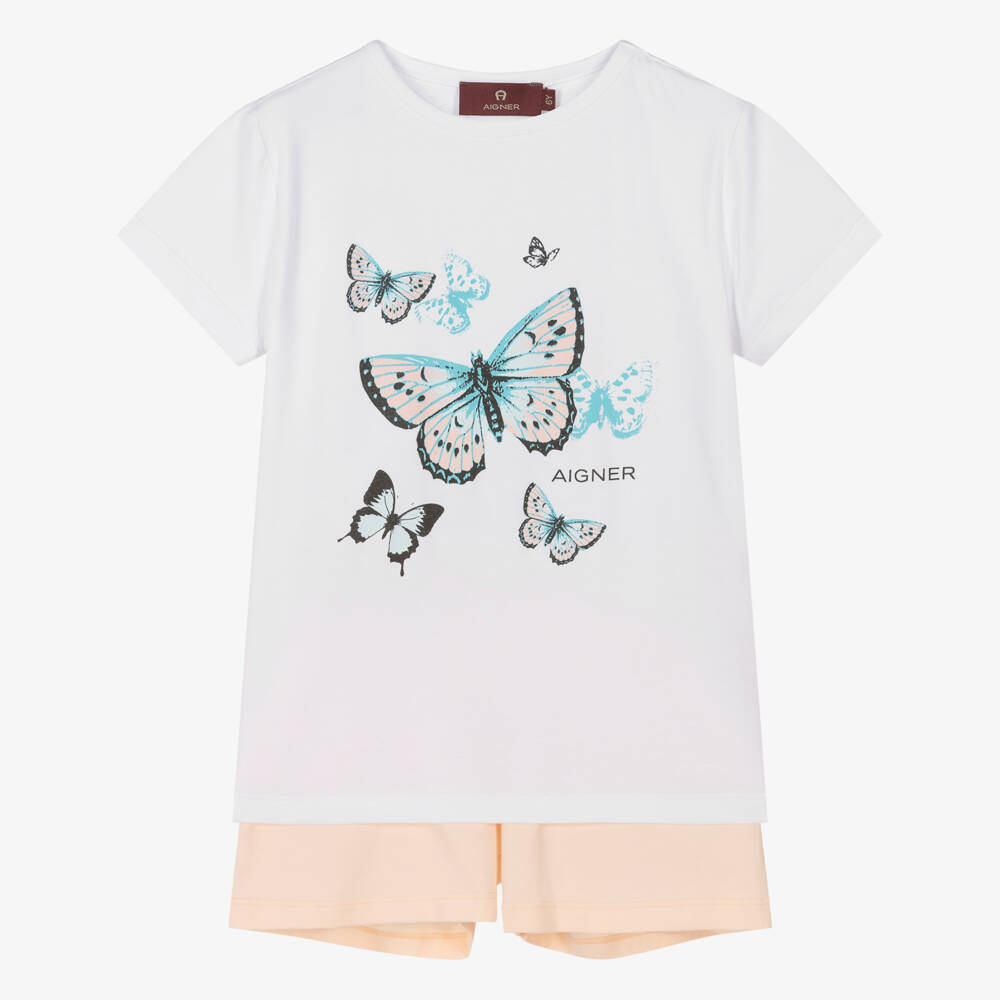 AIGNER-Girls White & Pink Butterfly Print Cotton Short Pyjamas | Childrensalon