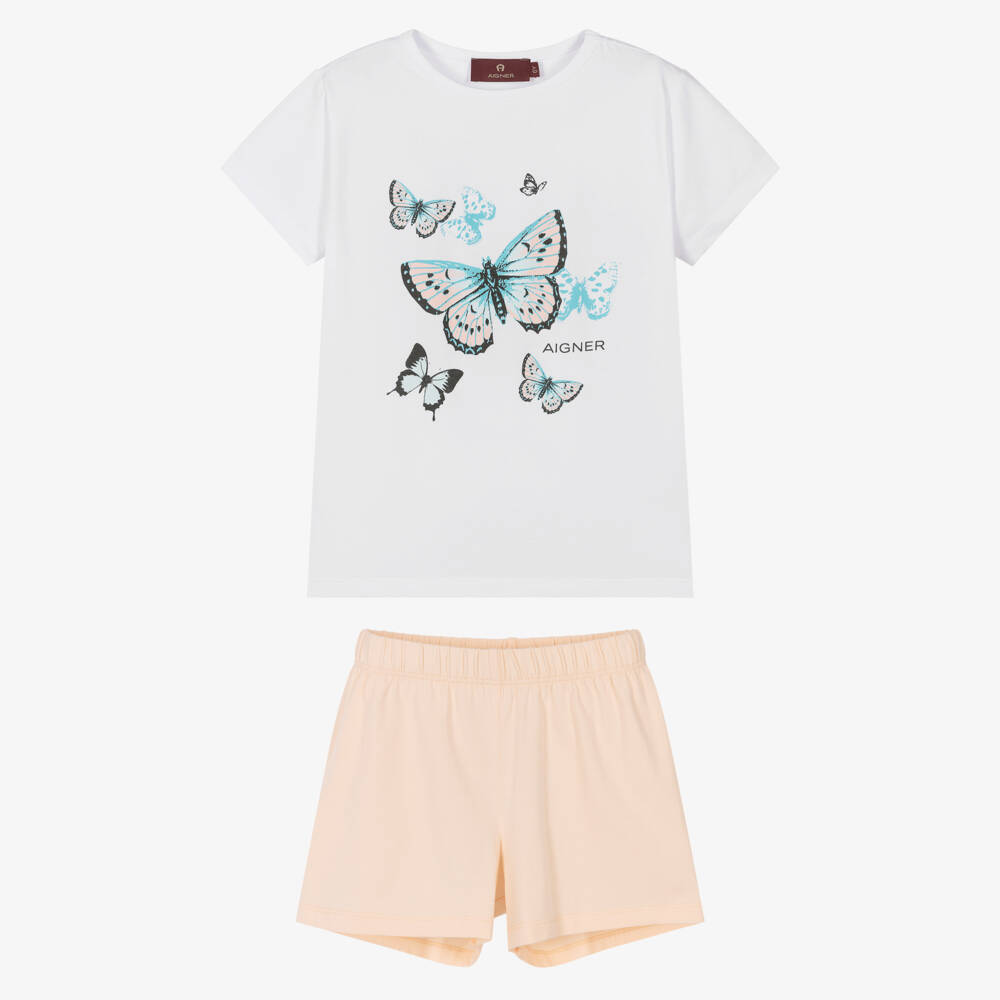 AIGNER-Girls White & Pink Butterfly Print Cotton Short Pyjamas | Childrensalon