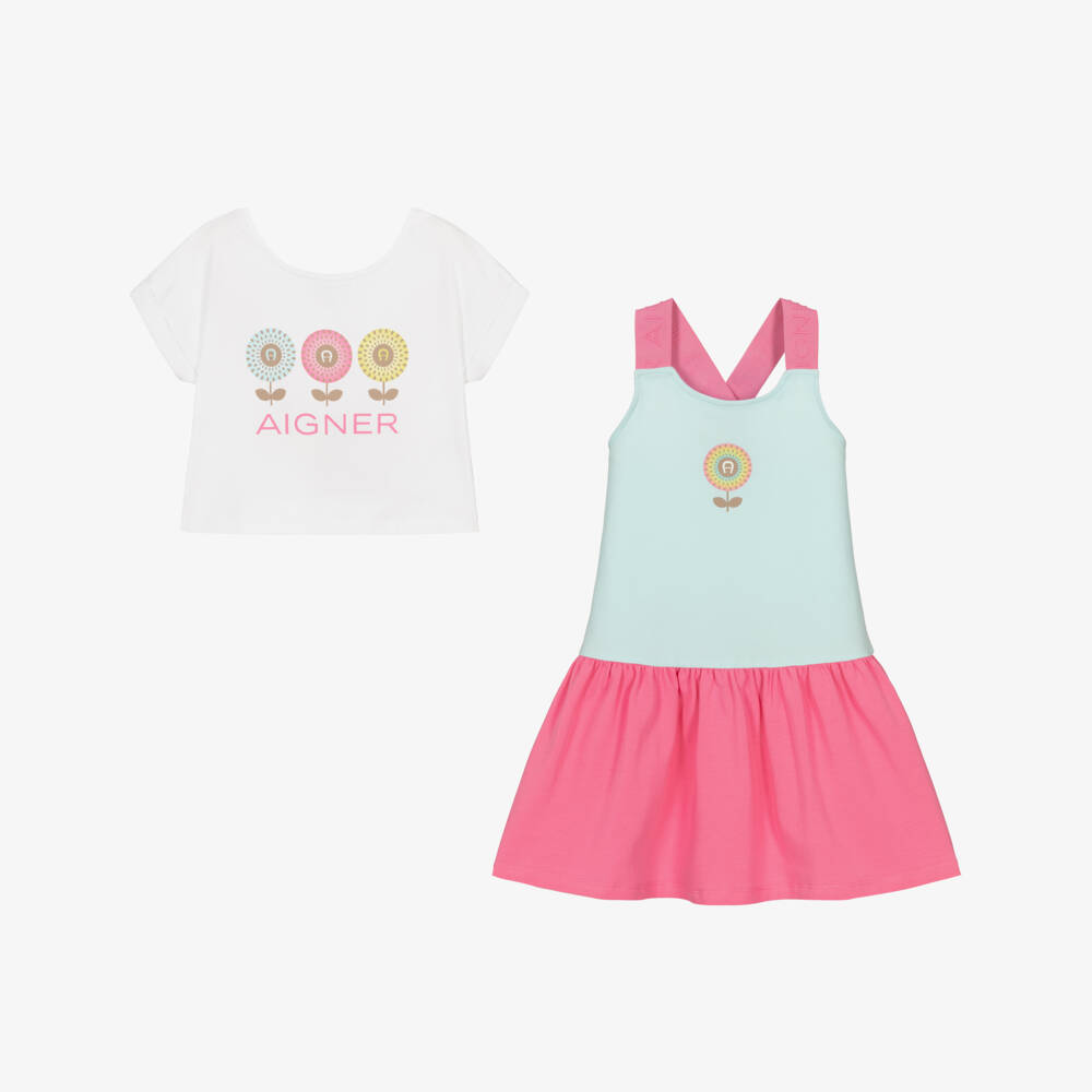 AIGNER-Girls White & Pink Cotton Dress Set | Childrensalon