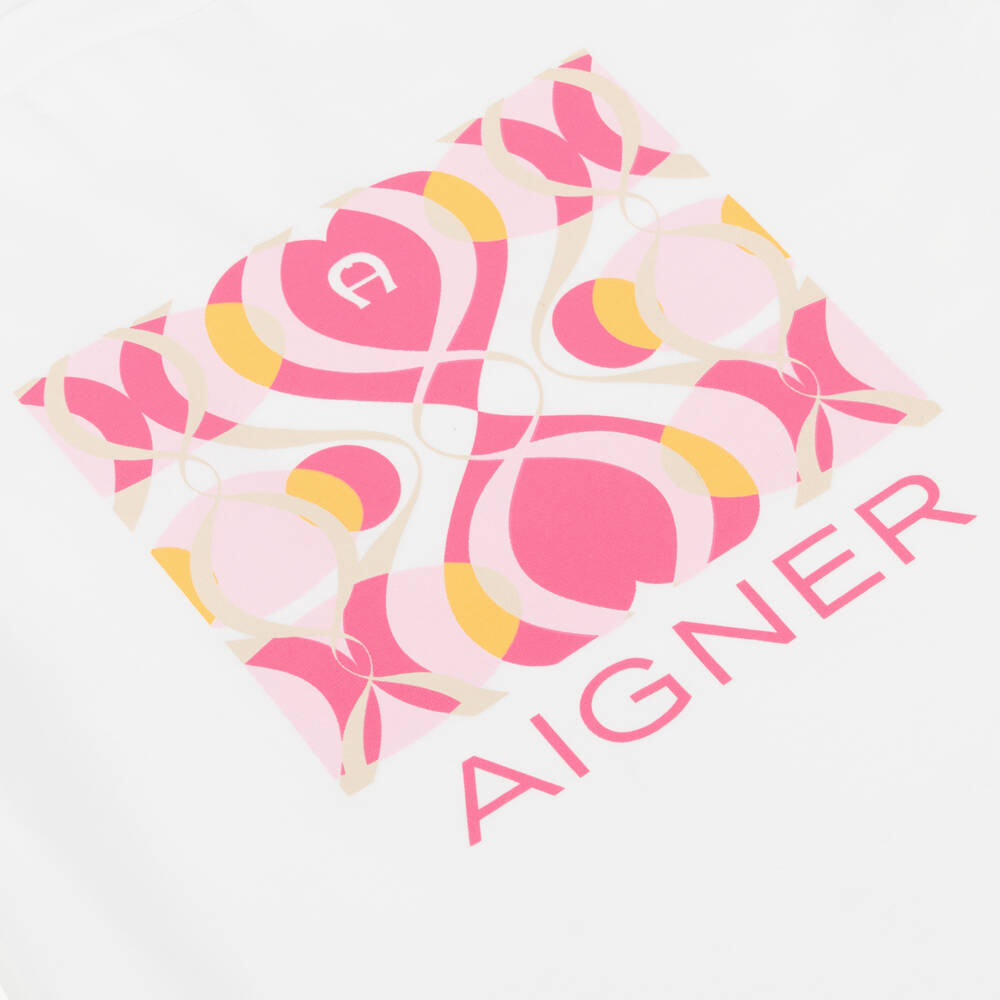 AIGNER-Girls White & Pink Cotton T-Shirt | Childrensalon