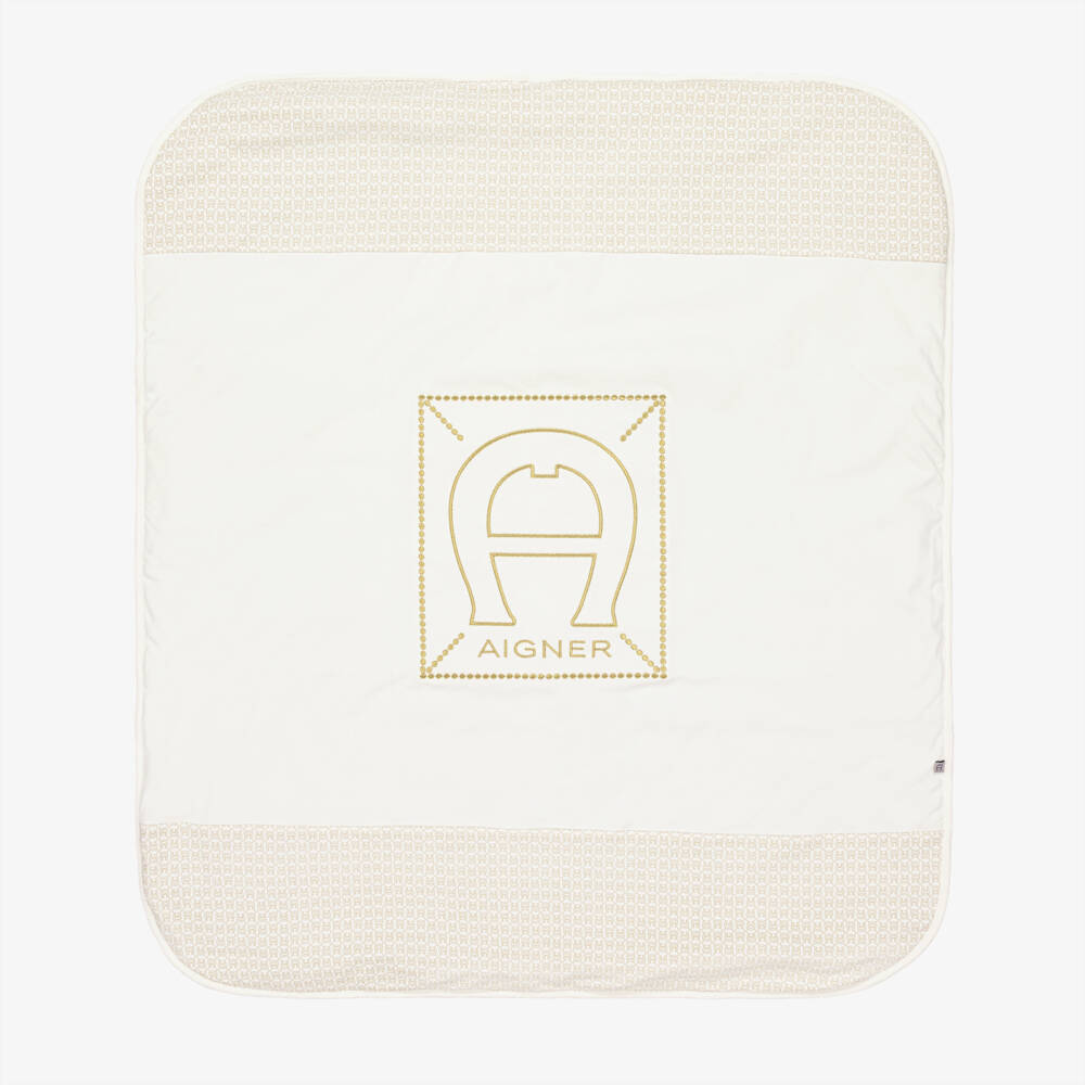 AIGNER-Ivory Baby Blanket with Gold Horseshoe Logo Print (88cm) | Childrensalon