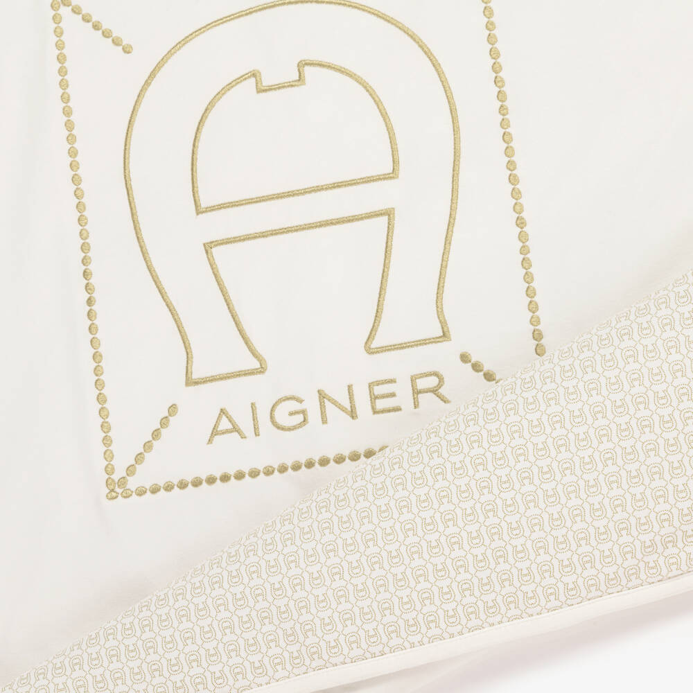 AIGNER-Ivory Baby Blanket with Gold Horseshoe Logo Print (88cm) | Childrensalon