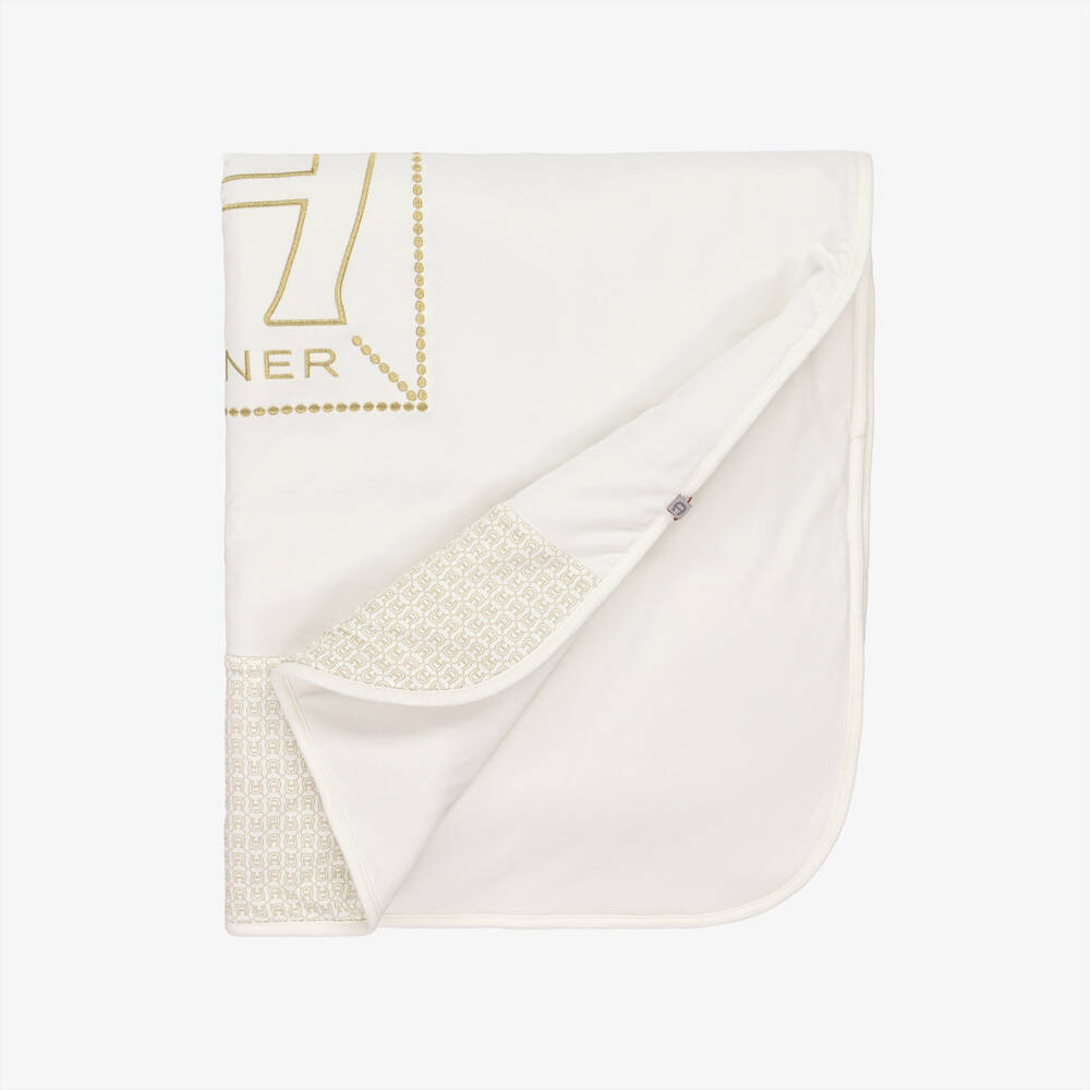 AIGNER-Ivory Baby Blanket with Gold Horseshoe Logo Print (88cm) | Childrensalon