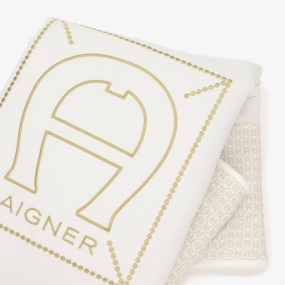 AIGNER-Ivory Baby Blanket with Gold Horseshoe Logo Print (88cm) | Childrensalon