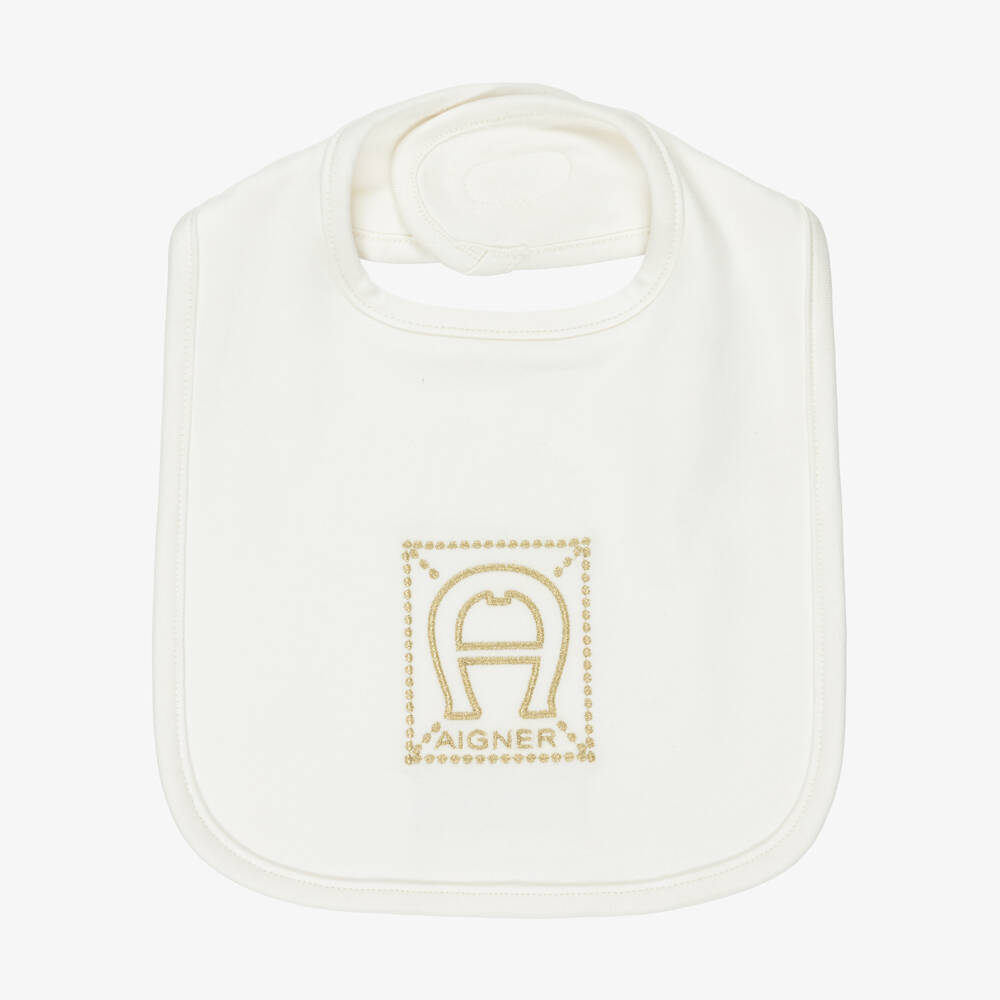 AIGNER-Ivory Cotton Bib with Gold Embroidered Logo | Childrensalon