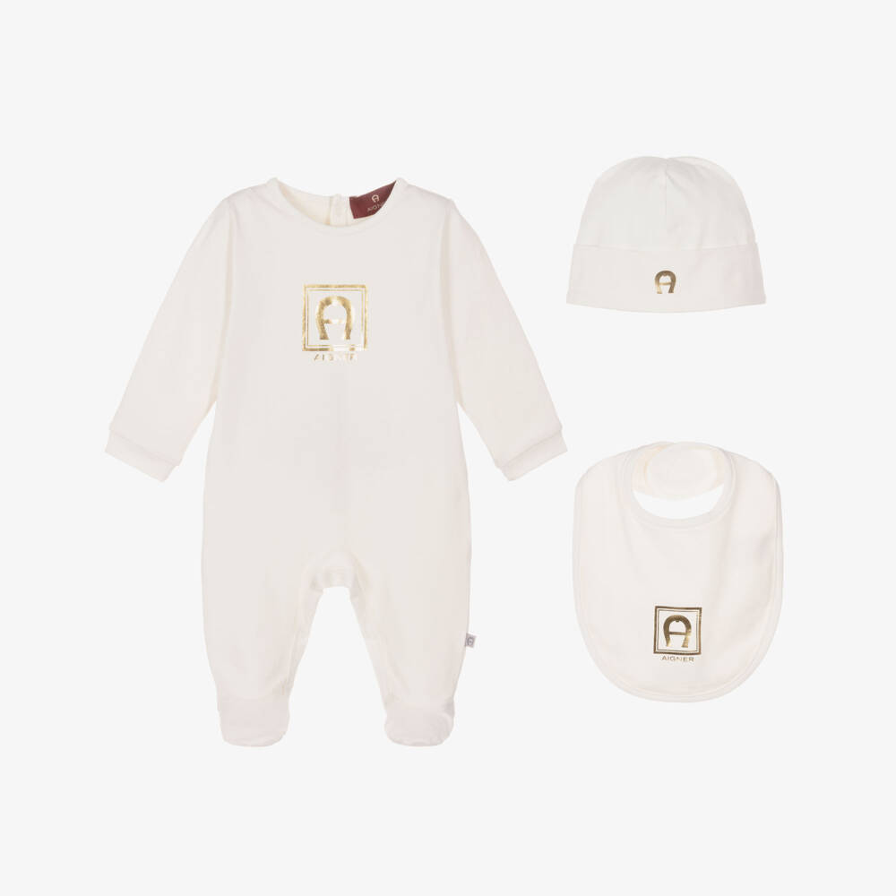 AIGNER-Ivory & Gold Logo Pima Cotton Babygrow Set | Childrensalon
