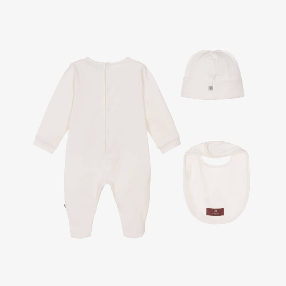 AIGNER-Ivory & Gold Logo Pima Cotton Babygrow Set | Childrensalon