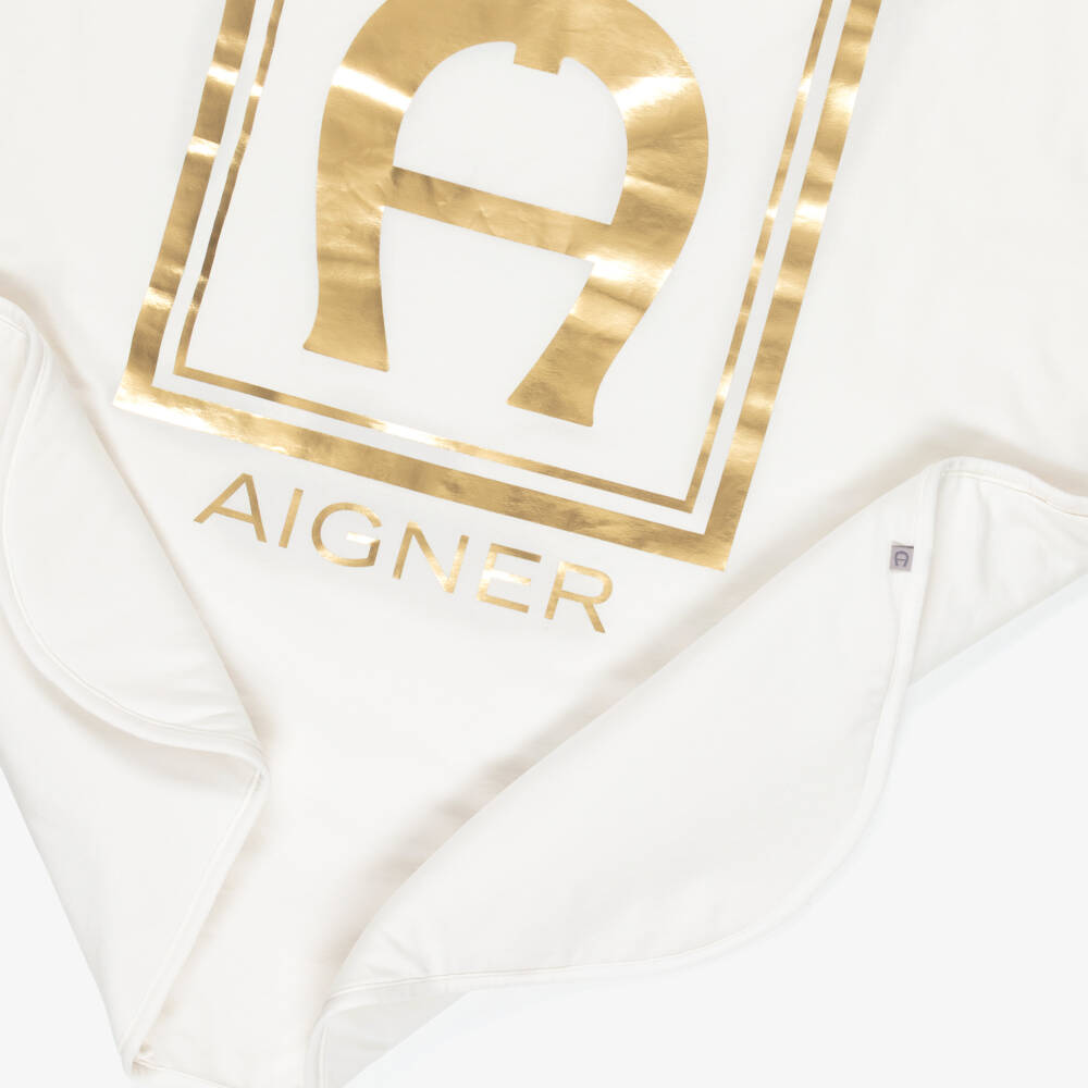 AIGNER-Ivory & Gold Logo Pima Cotton Blanket (90cm) | Childrensalon