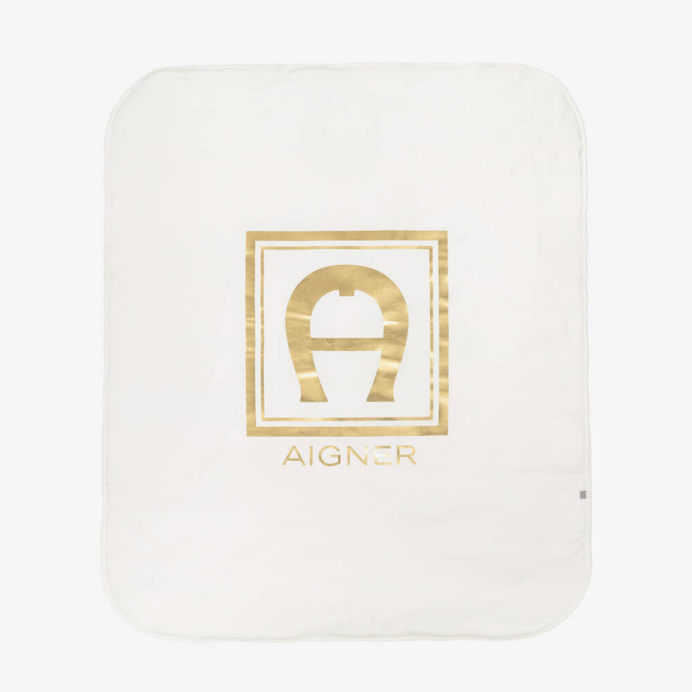 AIGNER-Ivory & Gold Logo Pima Cotton Blanket (90cm) | Childrensalon