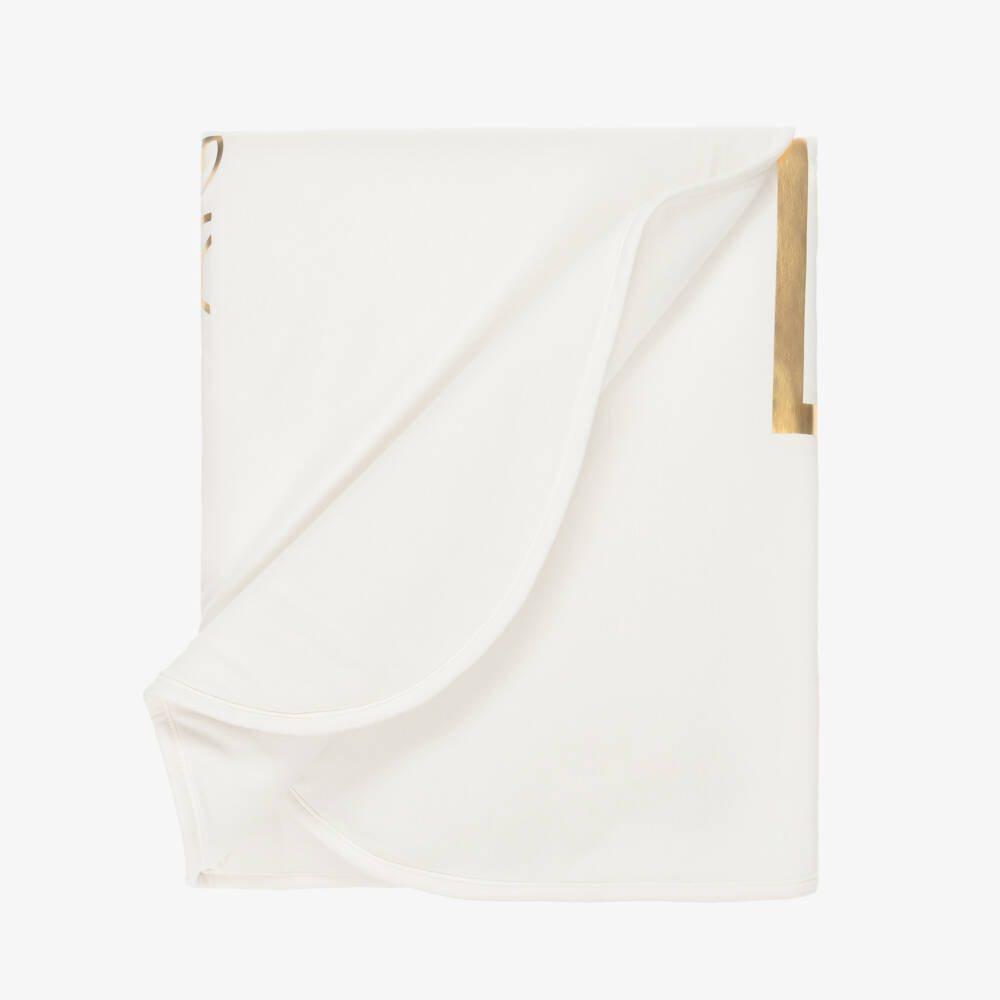 AIGNER-Ivory & Gold Logo Pima Cotton Blanket (90cm) | Childrensalon