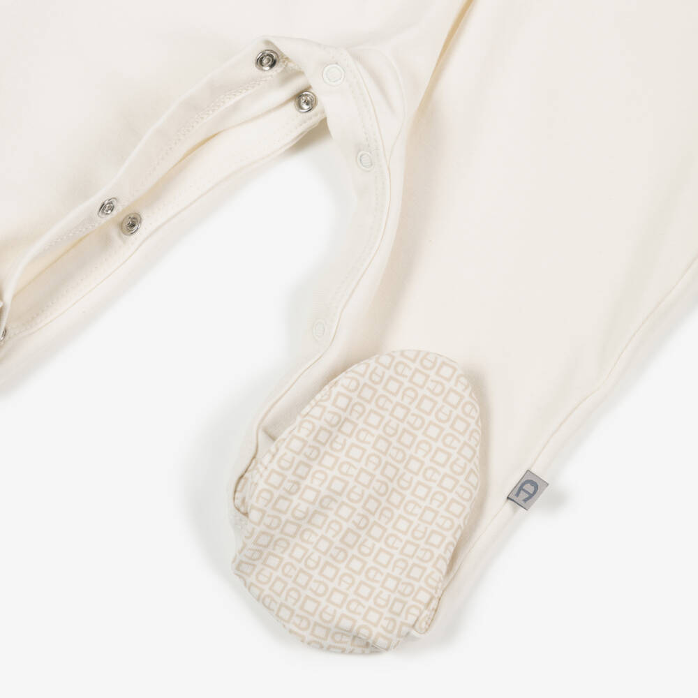 AIGNER-Ivory Pima Cotton Babygrow with Logo Pattern Trims | Childrensalon