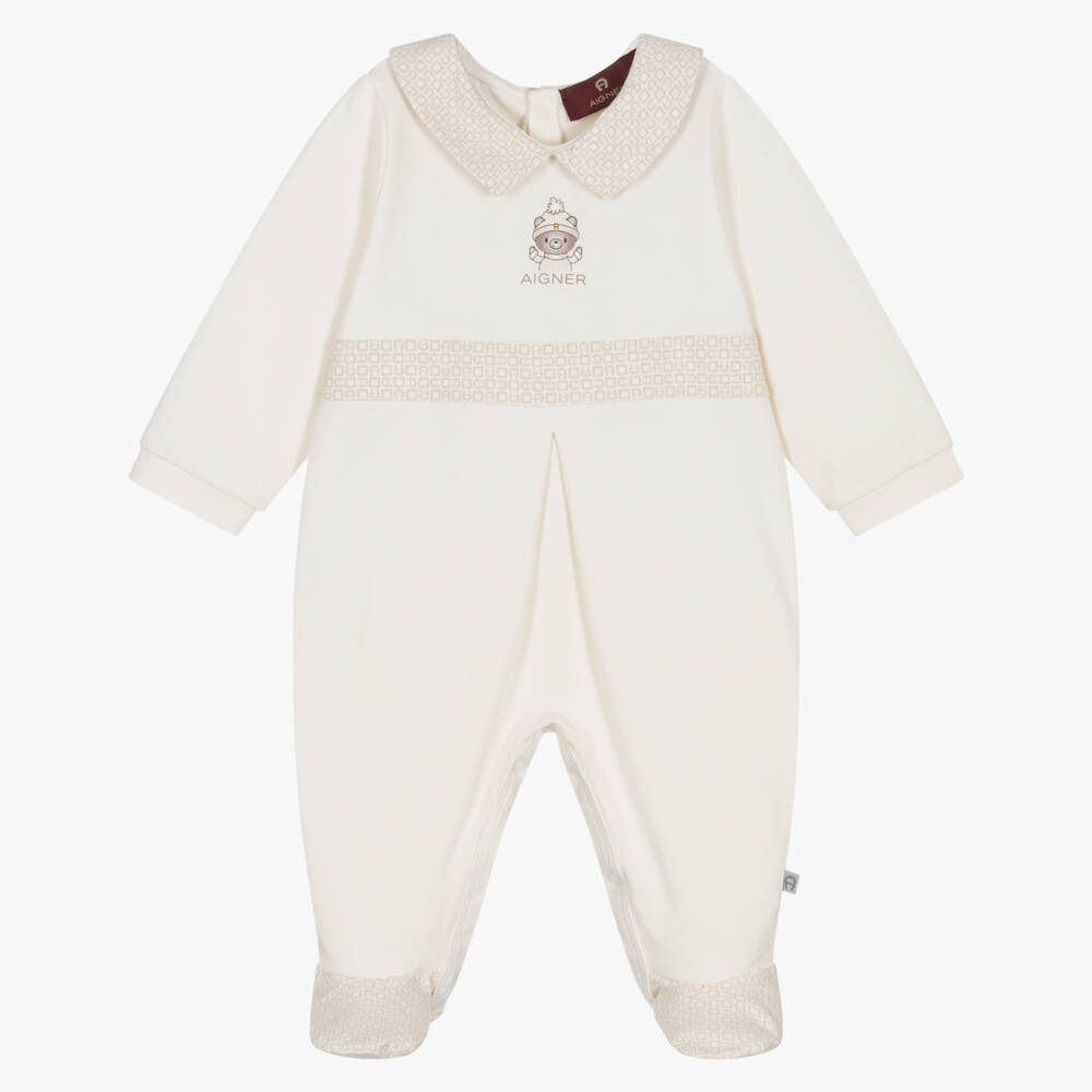 AIGNER-Ivory Pima Cotton Babygrow with Logo Pattern Trims | Childrensalon