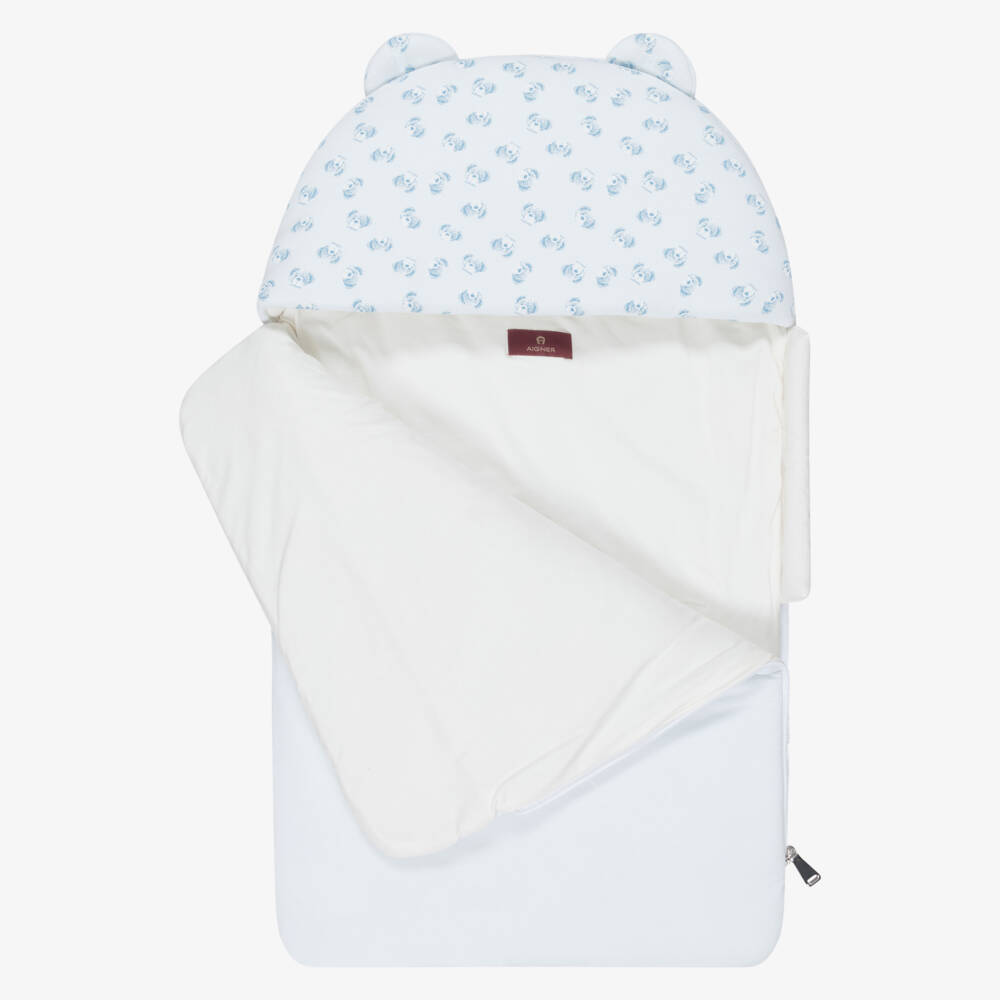 AIGNER-Padded Blue Pima Cotton Logo & Bear Print Nest (70cm) | Childrensalon