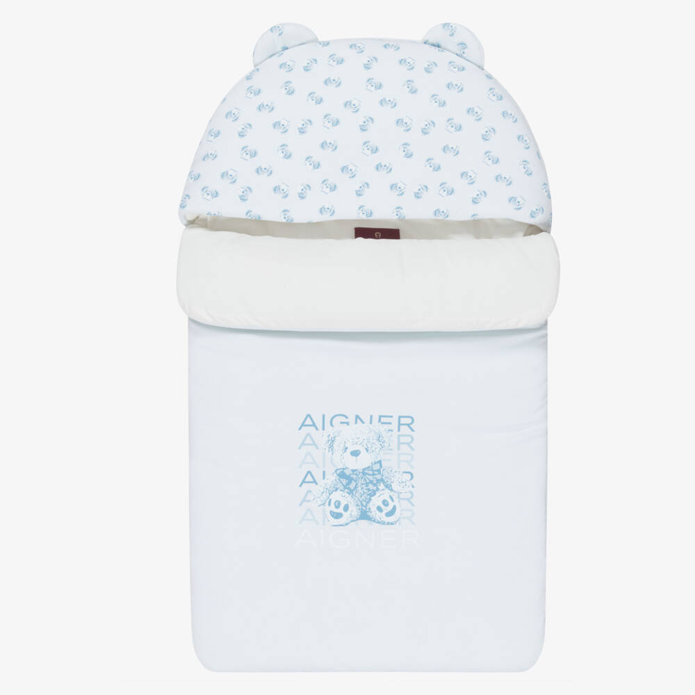 AIGNER-Padded Blue Pima Cotton Logo & Bear Print Nest (70cm) | Childrensalon