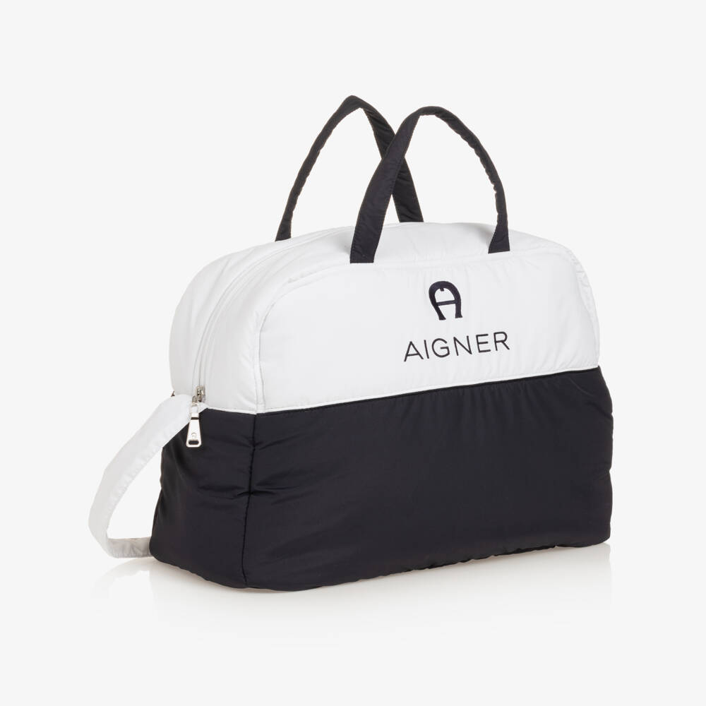 AIGNER-White & Navy Blue Baby Changing Bag (43cm) | Childrensalon