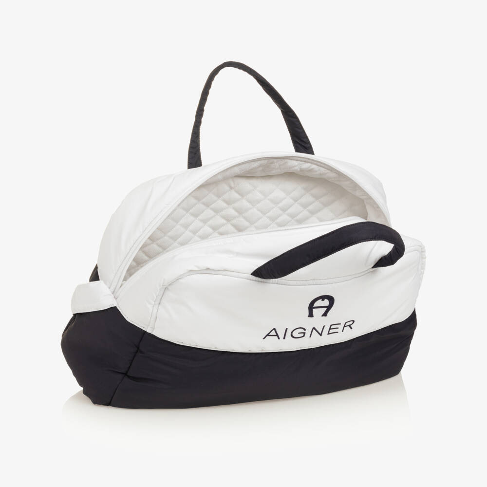 AIGNER-White & Navy Blue Baby Changing Bag (43cm) | Childrensalon