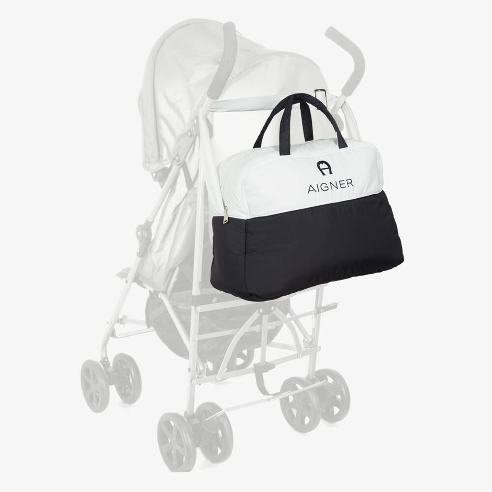 AIGNER-White & Navy Blue Baby Changing Bag (43cm) | Childrensalon