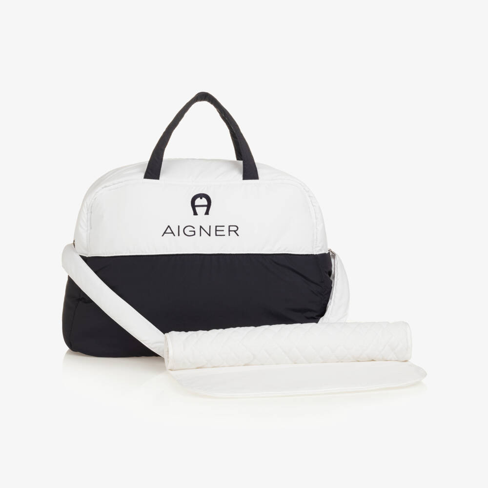 AIGNER-White & Navy Blue Baby Changing Bag (43cm) | Childrensalon