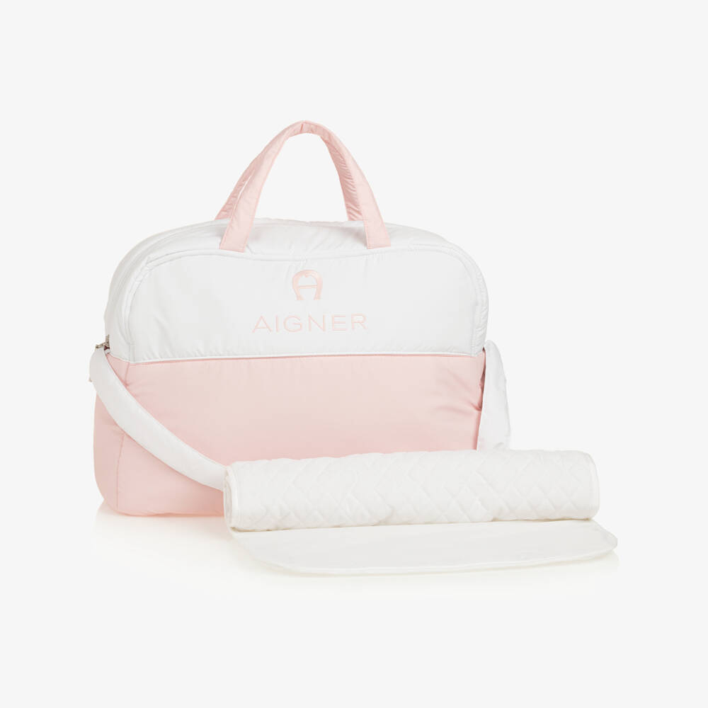 AIGNER-White & Pink Baby Changing Bag (43cm) | Childrensalon