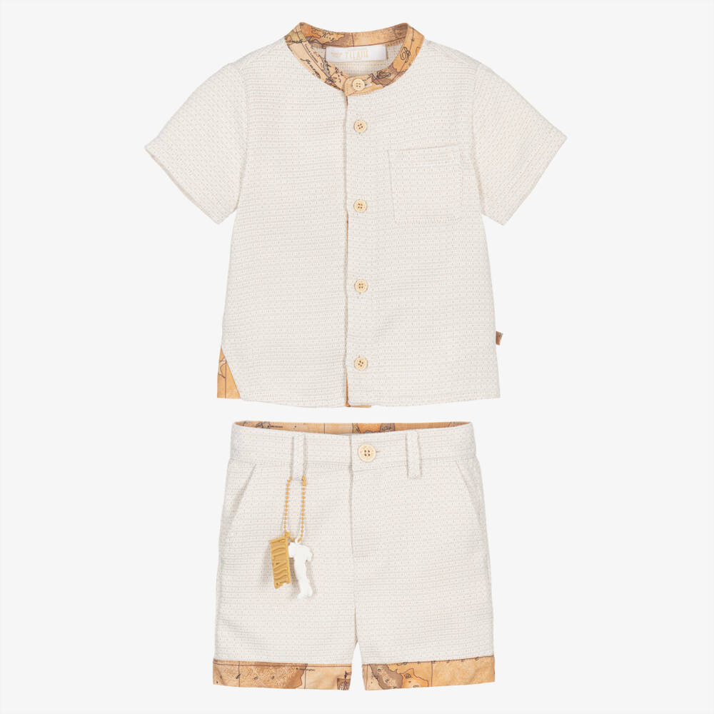 Alviero Martini-Boys Beige Shirt & Shorts Set with Geo Map Trim | Childrensalon