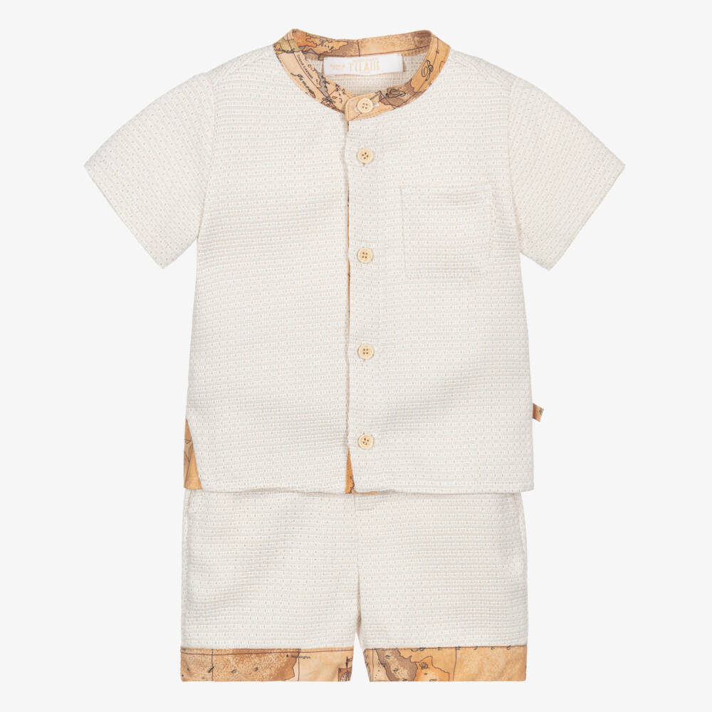 Alviero Martini-Boys Beige Shirt & Shorts Set with Geo Map Trim  | Childrensalon
