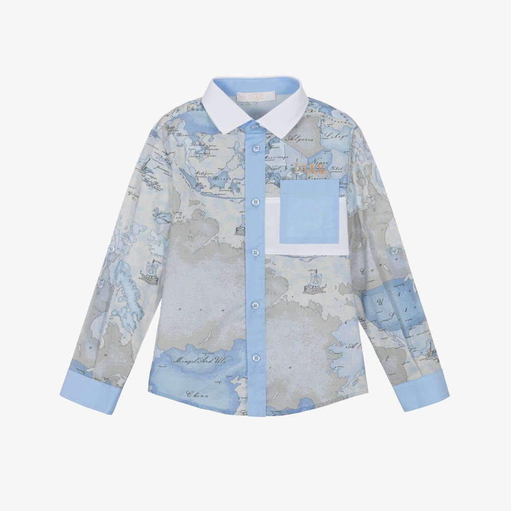 Alviero Martini-Boys Blue Geo Map Print Cotton Shirt | Childrensalon