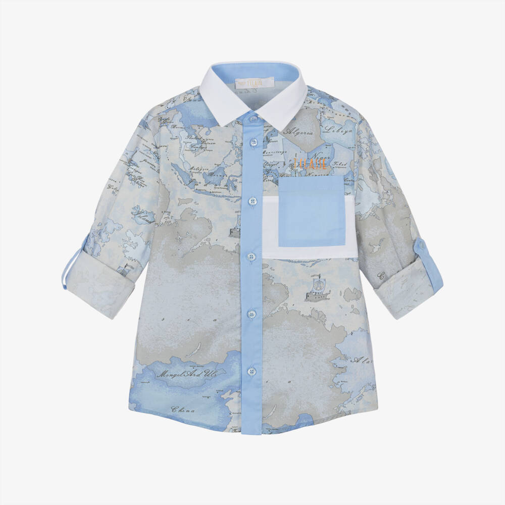 Alviero Martini-Boys Blue Geo Map Print Cotton Shirt | Childrensalon