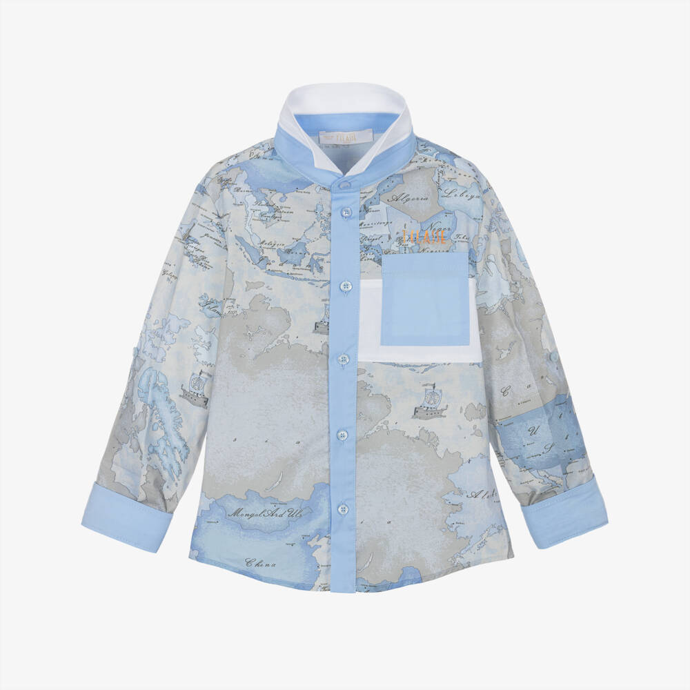 Alviero Martini-Boys Blue Geo Map Print Cotton Shirt | Childrensalon