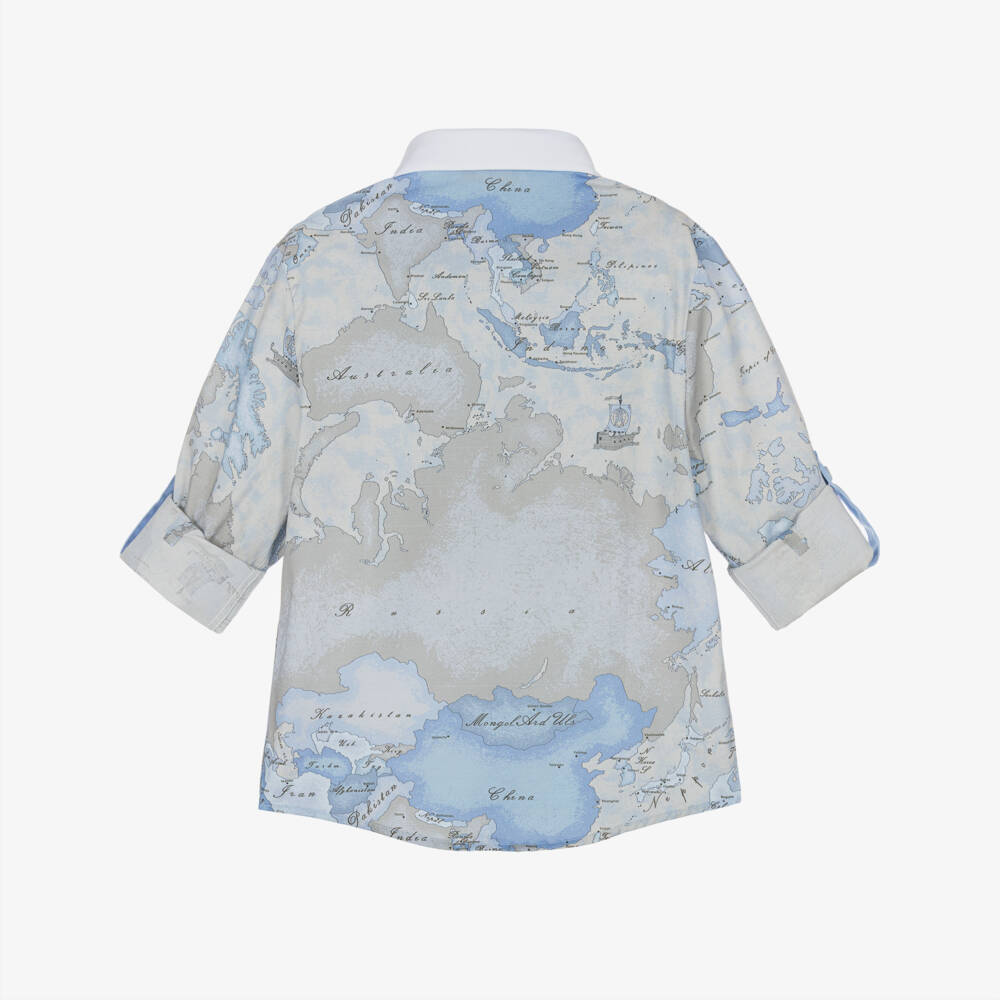 Alviero Martini-Boys Blue Geo Map Print Cotton Shirt | Childrensalon
