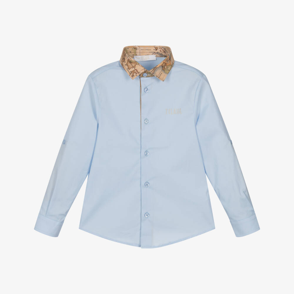 Alviero Martini-Boys Light Blue Cotton Shirt With Geo Map Collar | Childrensalon