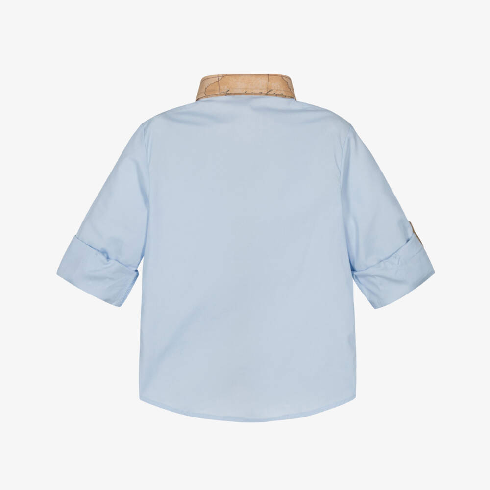 Alviero Martini-Boys Light Blue Cotton Shirt With Geo Map Collar | Childrensalon