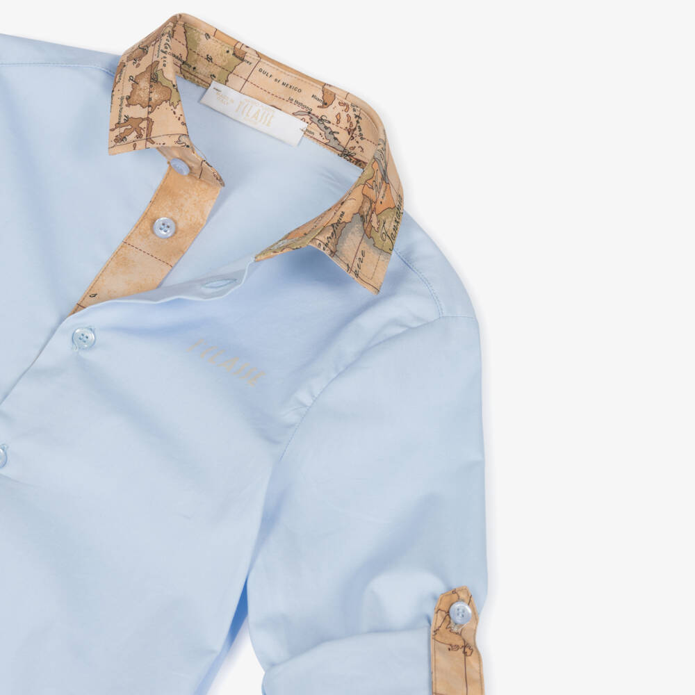 Alviero Martini-Boys Light Blue Cotton Shirt With Geo Map Collar | Childrensalon