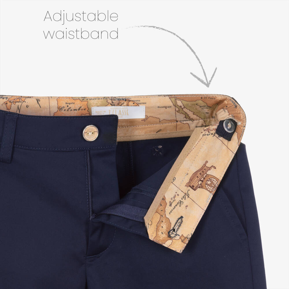 Alviero Martini-Boys Navy Blue Cotton Bermuda Shorts with Geo Trims | Childrensalon