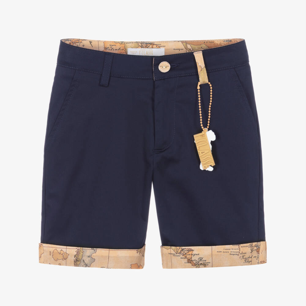 Alviero Martini-Boys Navy Blue Cotton Bermuda Shorts with Geo Trims | Childrensalon