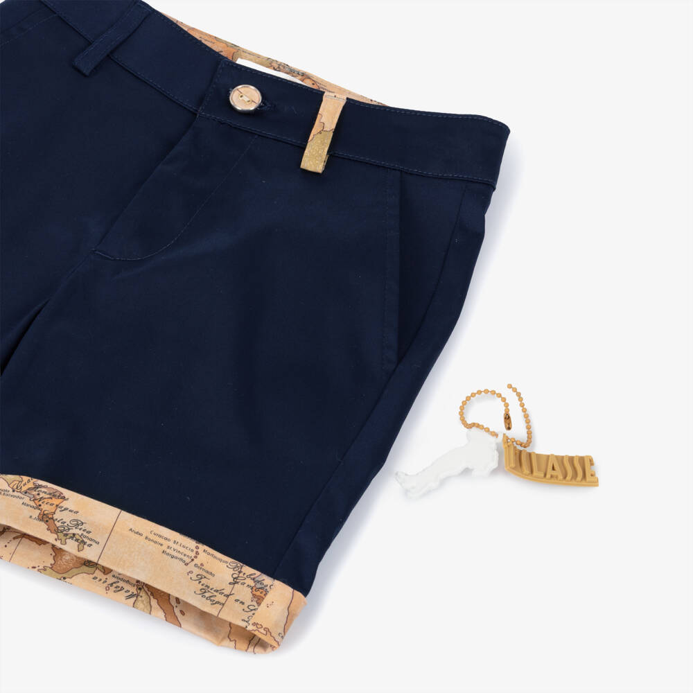 Alviero Martini-Boys Navy Blue Cotton Bermuda Shorts with Geo Trims | Childrensalon