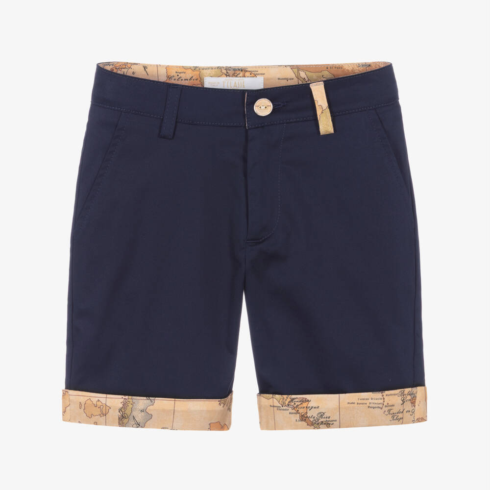 Alviero Martini-Boys Navy Blue Cotton Bermuda Shorts with Geo Trims | Childrensalon