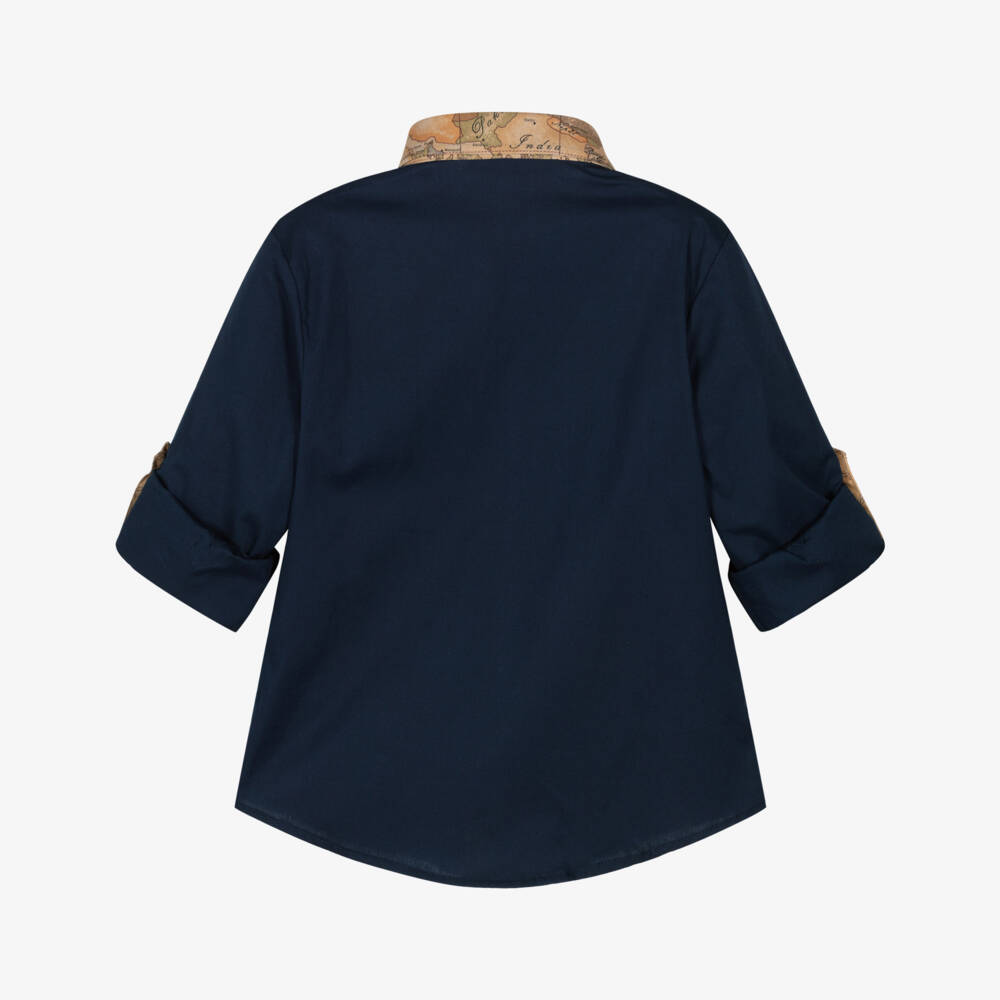 Alviero Martini-Boys Navy Blue Cotton Shirt With Geo Map Collar | Childrensalon