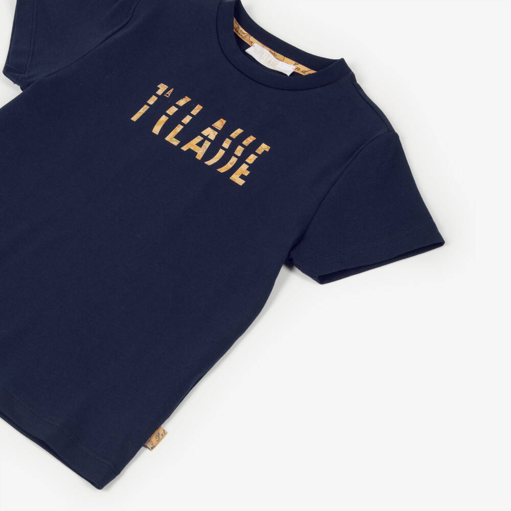 Alviero Martini-Boys Navy Blue Cotton T-Shirt with Geo Map 1a Classe Logo | Childrensalon