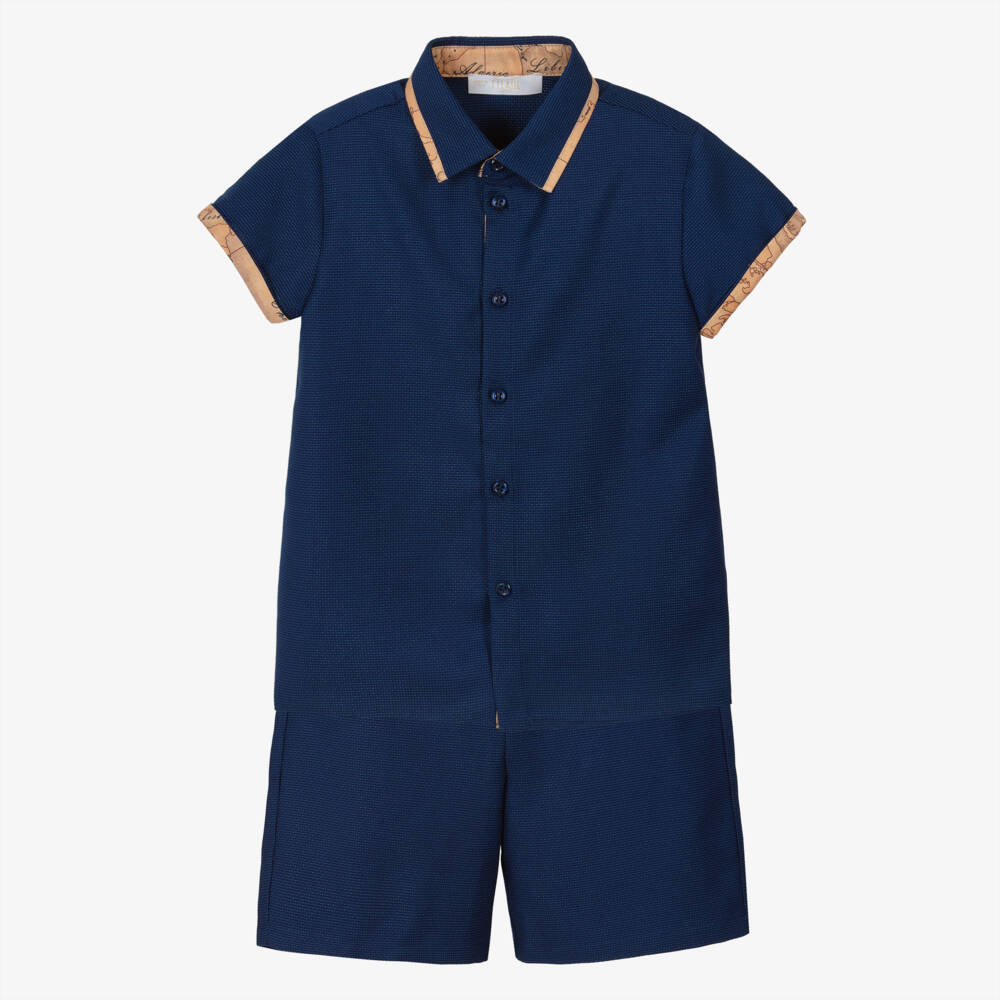 Alviero Martini-Boys Navy Blue Jacquard Shorts Set with Geo Trim | Childrensalon