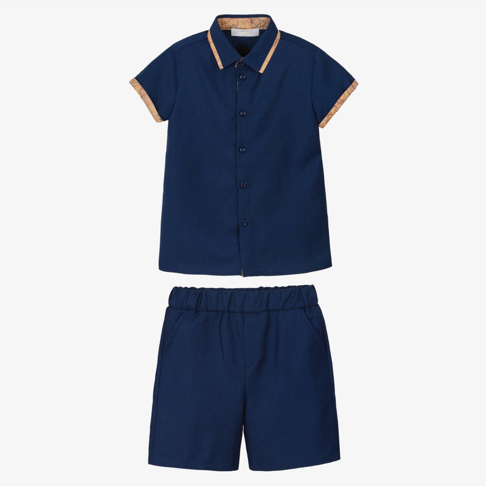 Alviero Martini-Boys Navy Blue Jacquard Shorts Set with Geo Trim | Childrensalon