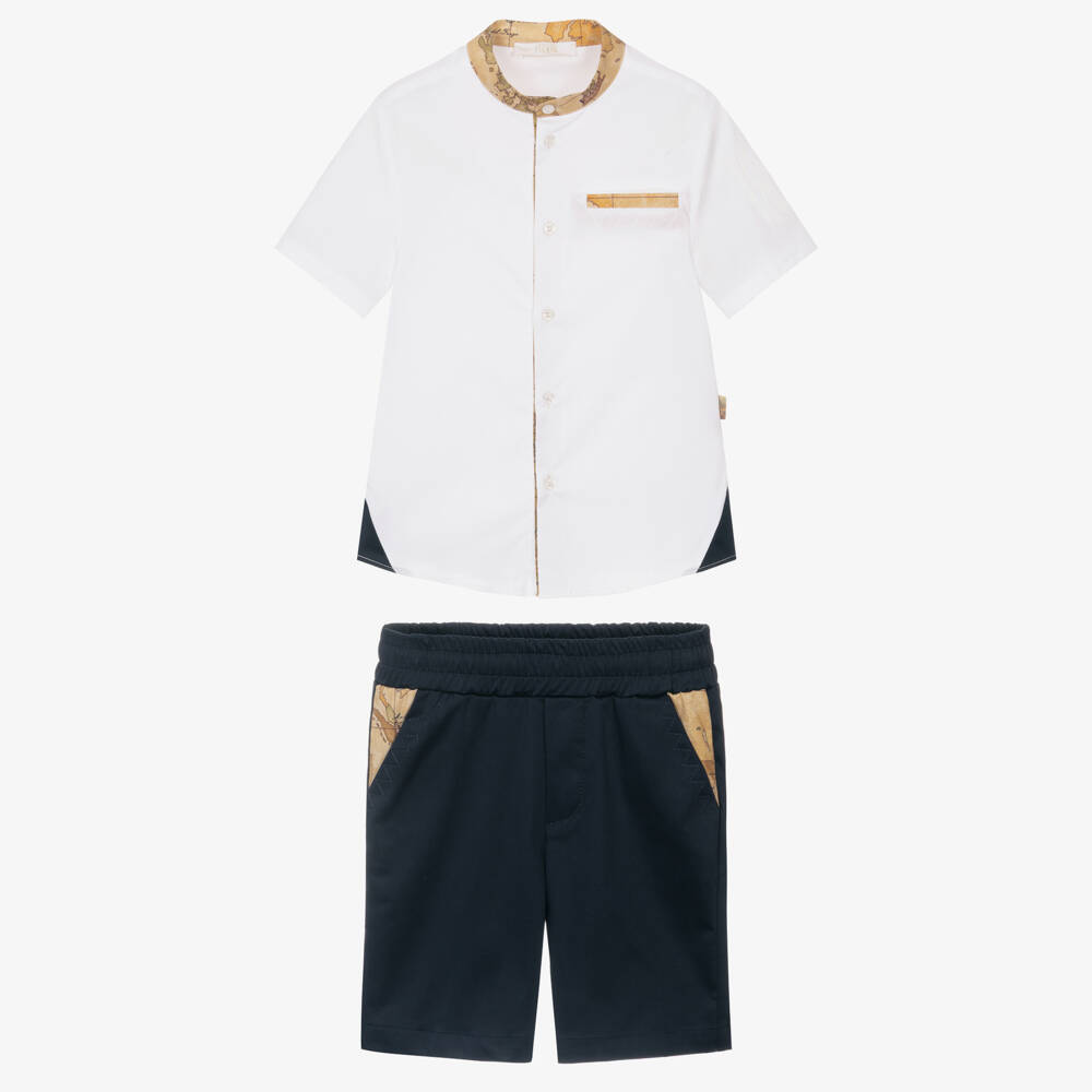 Alviero Martini-Boys Navy Blue & White Shorts Set with Geo Details | Childrensalon