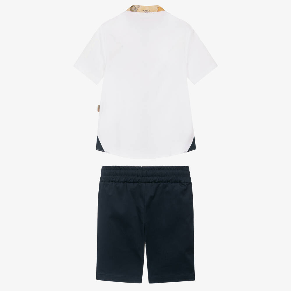 Alviero Martini-Boys Navy Blue & White Shorts Set with Geo Details | Childrensalon