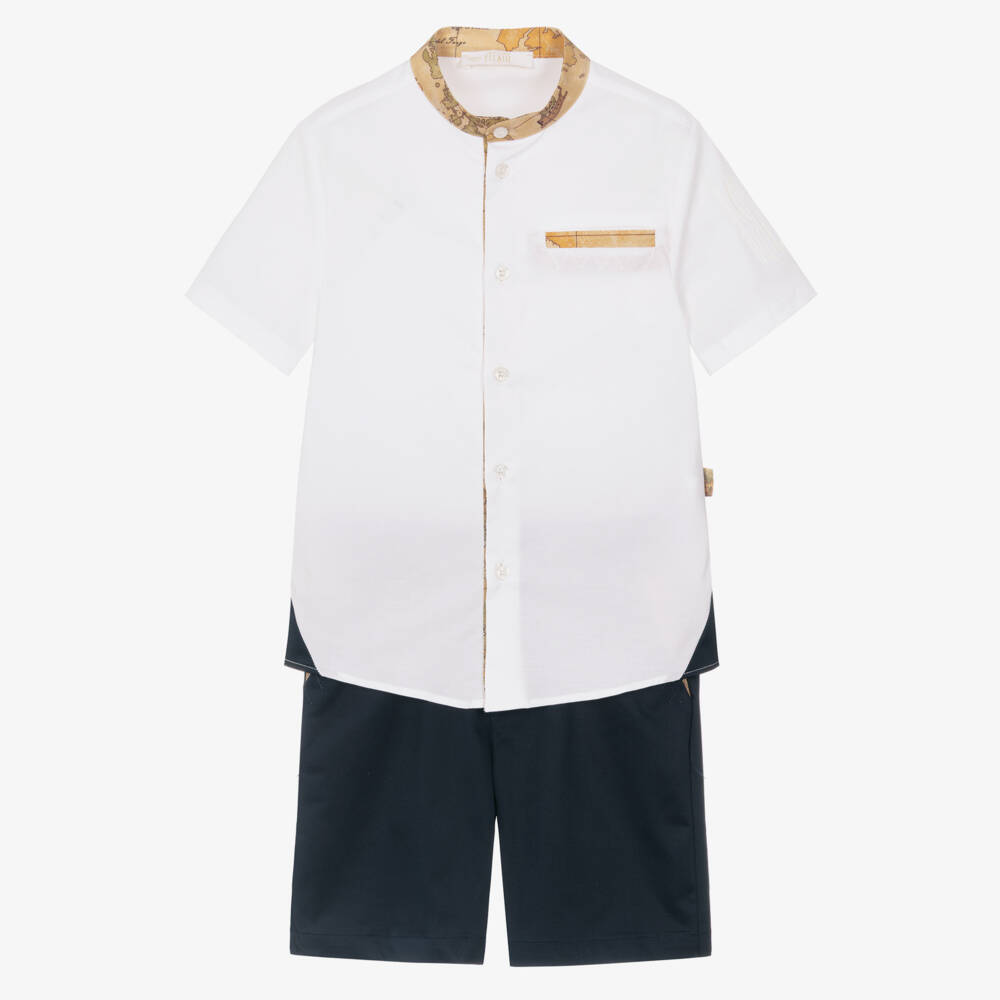Alviero Martini-Boys Navy Blue & White Shorts Set with Geo Details | Childrensalon