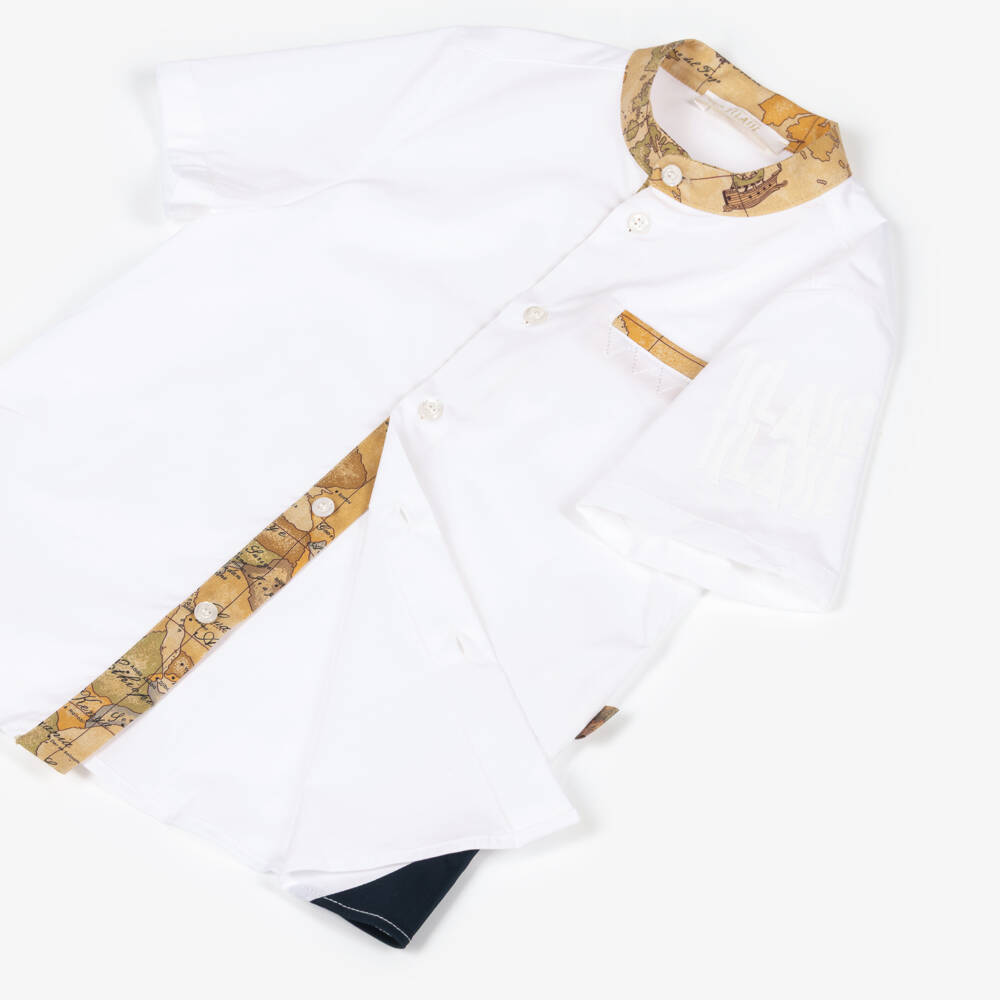 Alviero Martini-Boys Navy Blue & White Shorts Set with Geo Details | Childrensalon