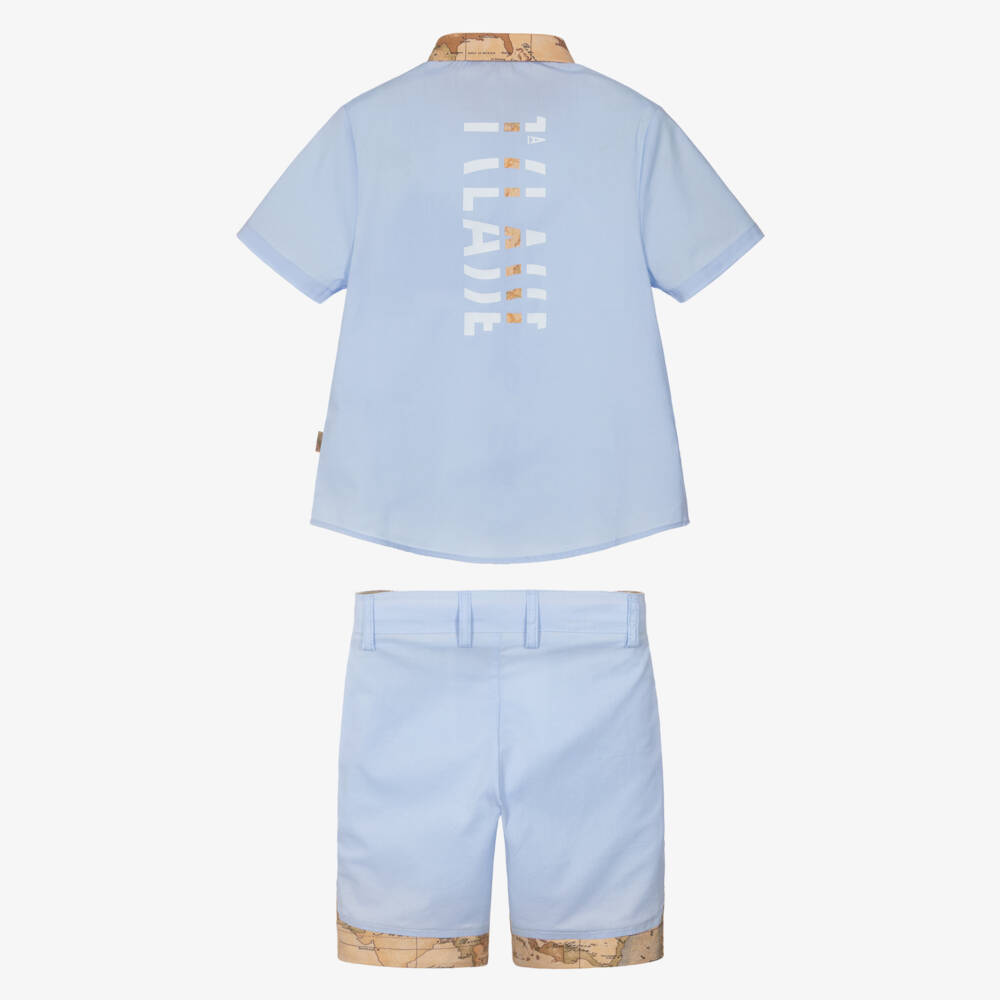 Alviero Martini-Boys Pale Blue Cotton Shorts Set with Geo Map Print Trims | Childrensalon