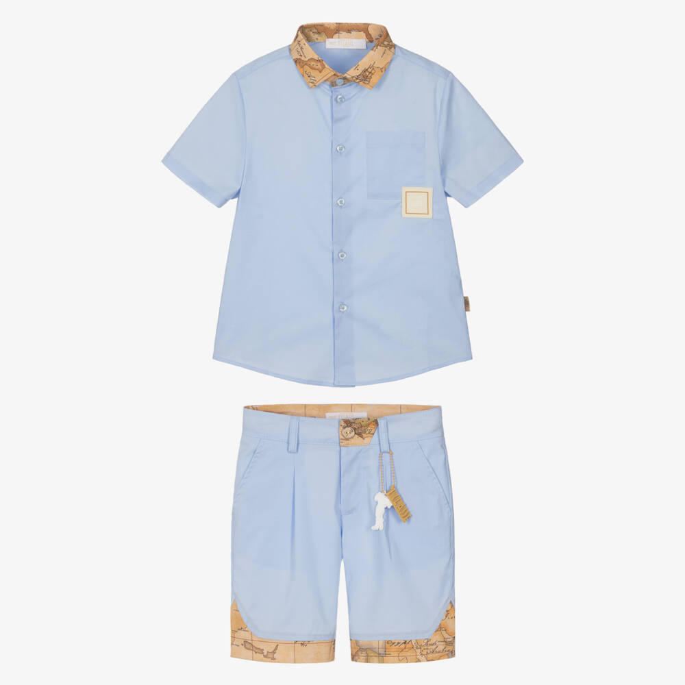 Alviero Martini-Boys Pale Blue Cotton Shorts Set with Geo Map Print Trims | Childrensalon