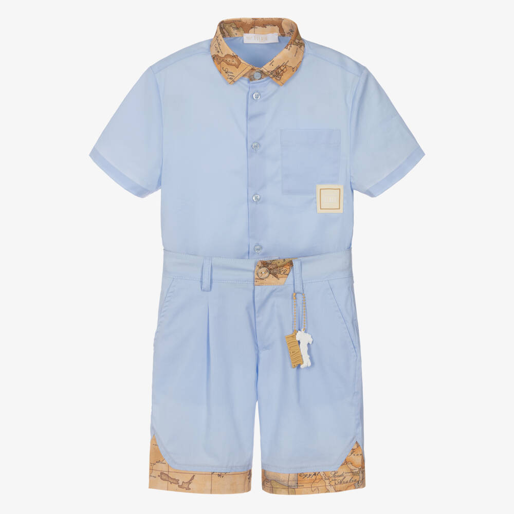 Alviero Martini-Boys Pale Blue Cotton Shorts Set with Geo Map Print Trims | Childrensalon
